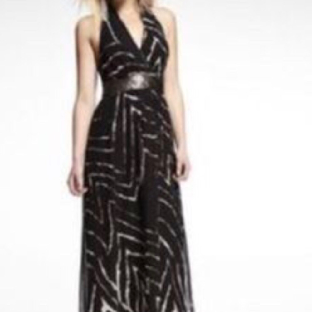 Express Black ivory Stripe Print Halter Maxi Dress